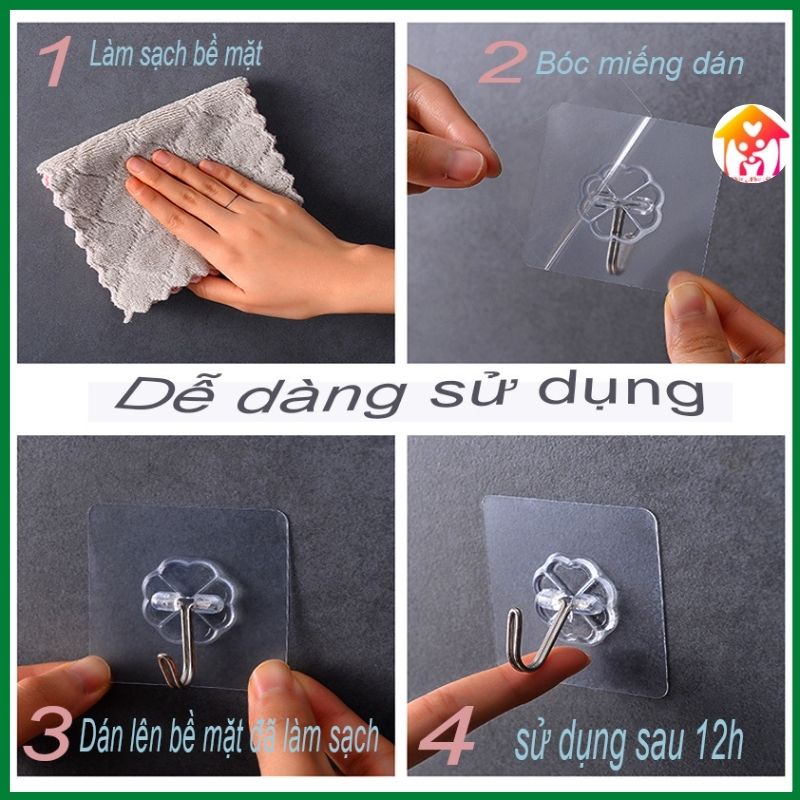 Móc treo dính tường chịu lực 10kg móc xoay 180 độ, đế nhựa trong suốt chắc chắn