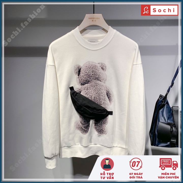 Áo nỉ sweater nam unisex, áo thu đông nỉ mềm mịn ôm người in Gấu Đeo Túi mã S.W605