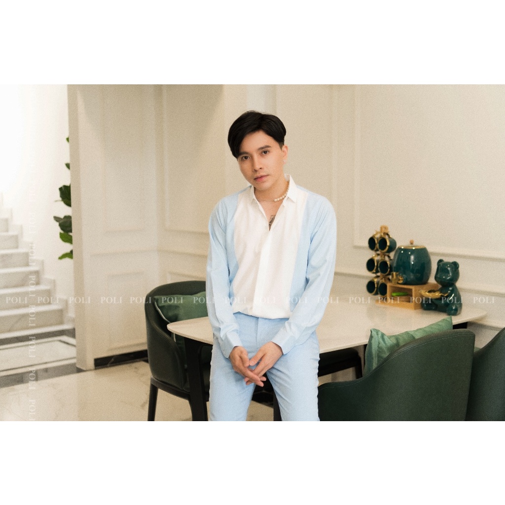 Sơ mi xanh phối quần cùng màu