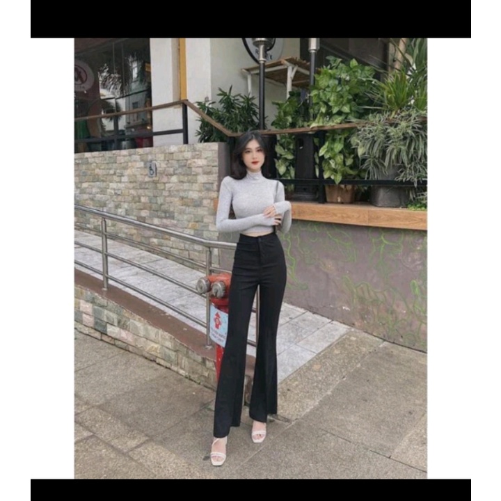 Quần ống loe cạp cao chất tuyết mưa ống loe co giãn bigsize quần cài khuy khoá trước kéo dài chân tôn dáng đen nâu be