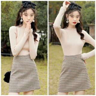 Sét Váy Nữ Áo Len Nữ Cổ Voan Mix Chân Váy Caro Có Quần trong, Sét Váy Nũ Xinh Xắn [ảnh thật]