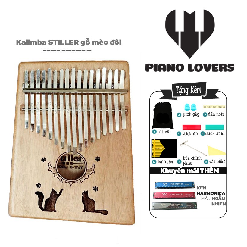 Đàn Kalimba 17 phím Gỗ Stiller Khắc họa tiết Mèo đôi Tặng Kèm Harmonica đủ màu sắc - HÀNG CÓ SẴN