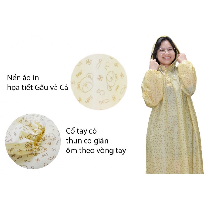 Áo Mưa Bít Sườn Mặc 1 Người EVA, Chính Hãng RANDO, Họa Tiết Gấu Và Cá, Nhựa Thân Thiện Môi Trường, Không Thấm Nước