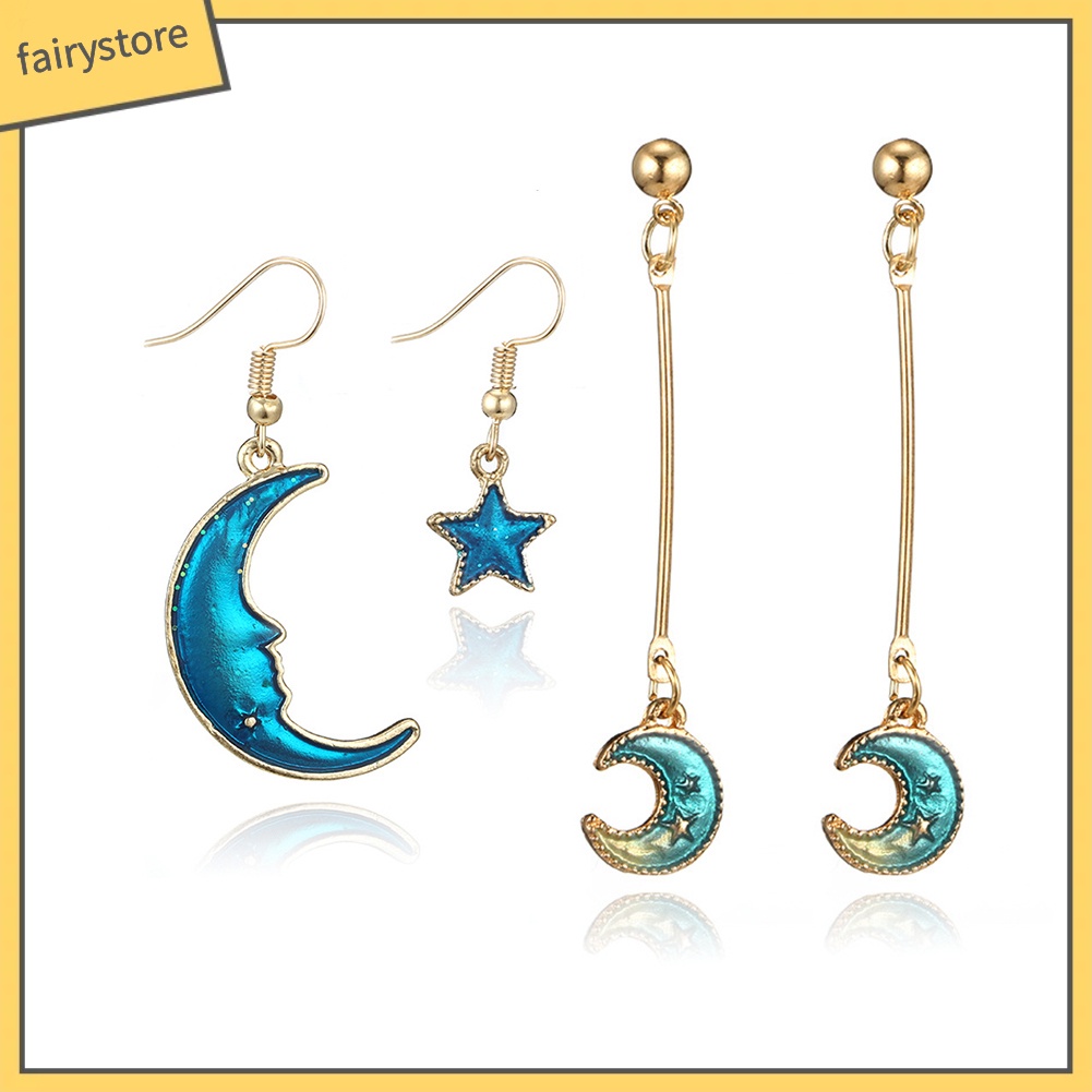 Bông tai dáng dài hình mặt trời/mặt trăng và ngôi sao độc đáo cho nữ