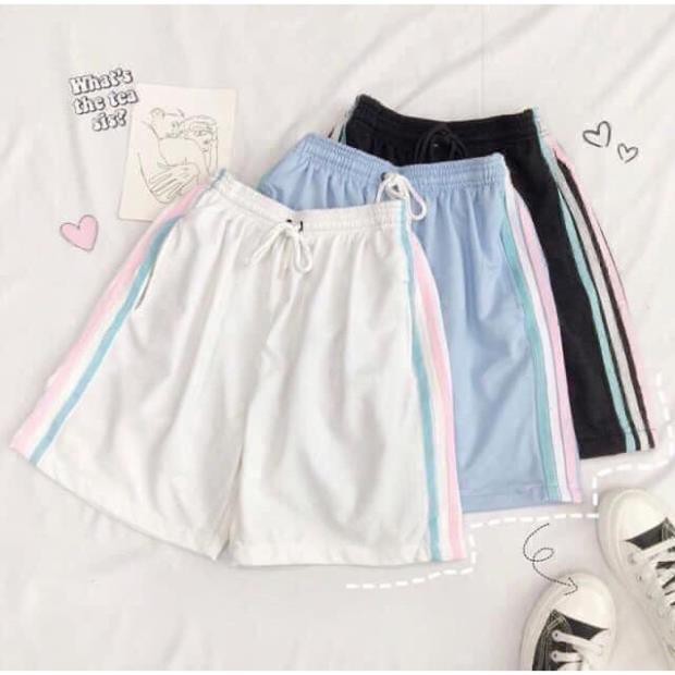 Quần Short Đùi 3 Sọc RAINBOW PEONYB Unisex [FREESHIP]  Shorts ống rộng cạp chun trơn màu ĐEN | TRẮNG | XANH Ulzzang