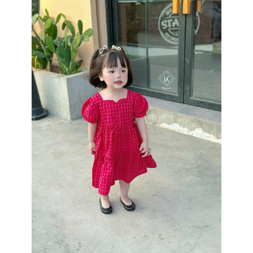 Váy bé gái tay bồng, cổ vuông xinh xắn KAMACA, Chất liệu thô dệt nổi cao cấp, mềm mại