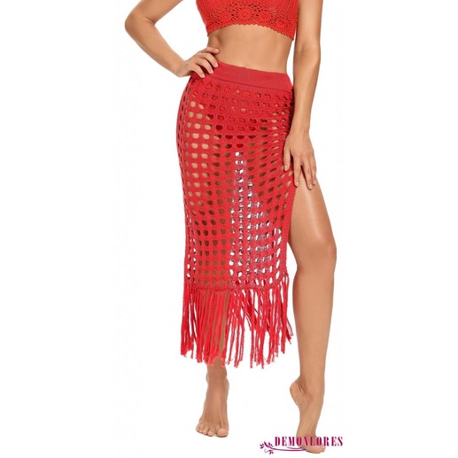 DEMQ-Women Summer Solid Color Skirt, Hollow Out High Waist Beachwear Skirt with Tassel Decoration