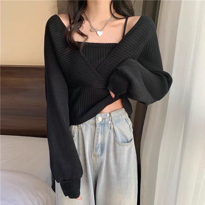 ÁO LEN VẠT CHÉO MIX HAI DÂY XINH XẮN HÀN QUỐC