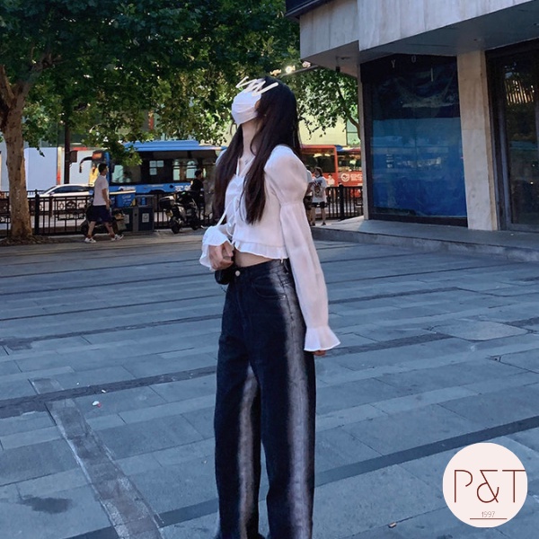 Quần bò jeans nữ cạp cao ống rộng phong cách Hàn Quốc trẻ trung phối kẻ sọc màu gradient