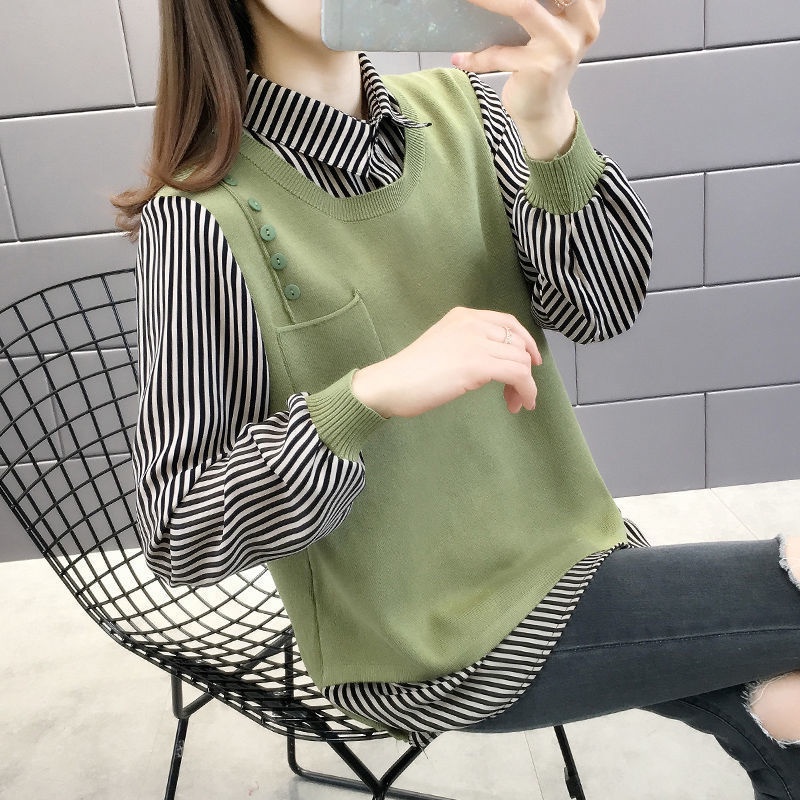 Áo sweater dệt kim mỏng dáng rộng giả hai lớp thời trang thu đông hàng mới dành cho bạn nữ 2021