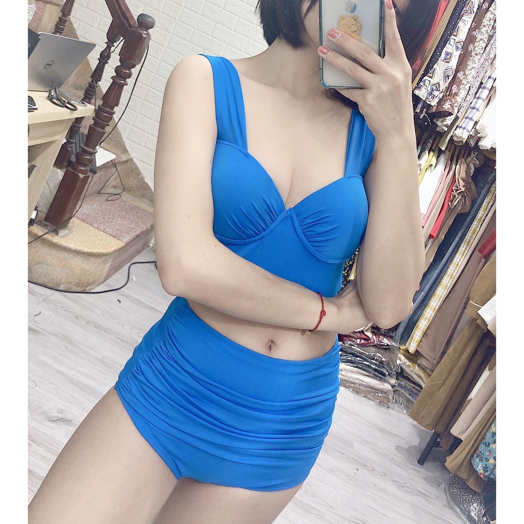 Bikini hai mảnh xanh dương ️Freeship️ bản to quần cạp cao che bụng mặc đi biển đi bơi mới nhất