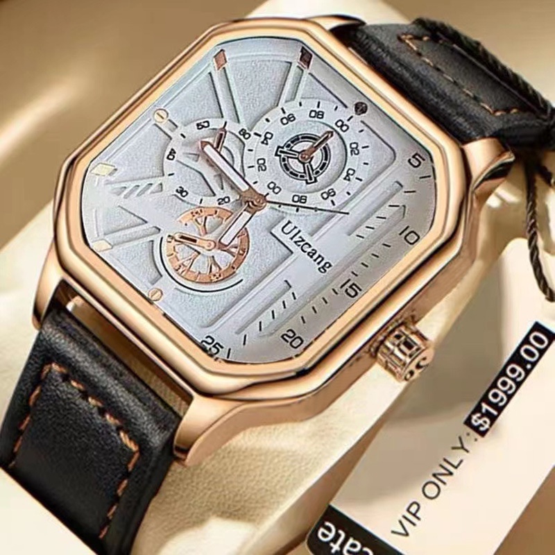 Đồng Hồ Quartz Mặt Vuông Với Dây Đeo Da Cá Tính Cho Nam