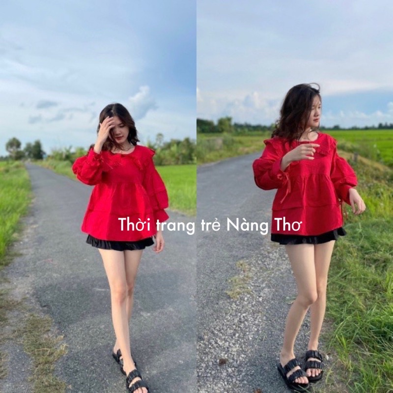 Áo babydoll cổ bèo tầng xếp tay vải đũi hàn dễ thương