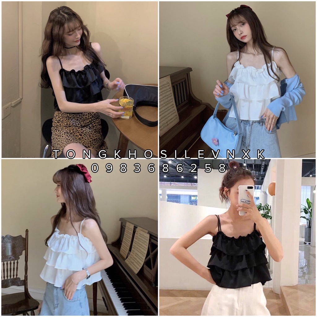 Áo Hai Dây Nữ Viền Bèo 3 Tầng 🦋 Áo Đũi Nữ Croptop Hở Lưng Đen Trắng