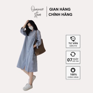 Váy sơ mi dáng suông dài kẻ sọc xanh kèm đai hàn quốc