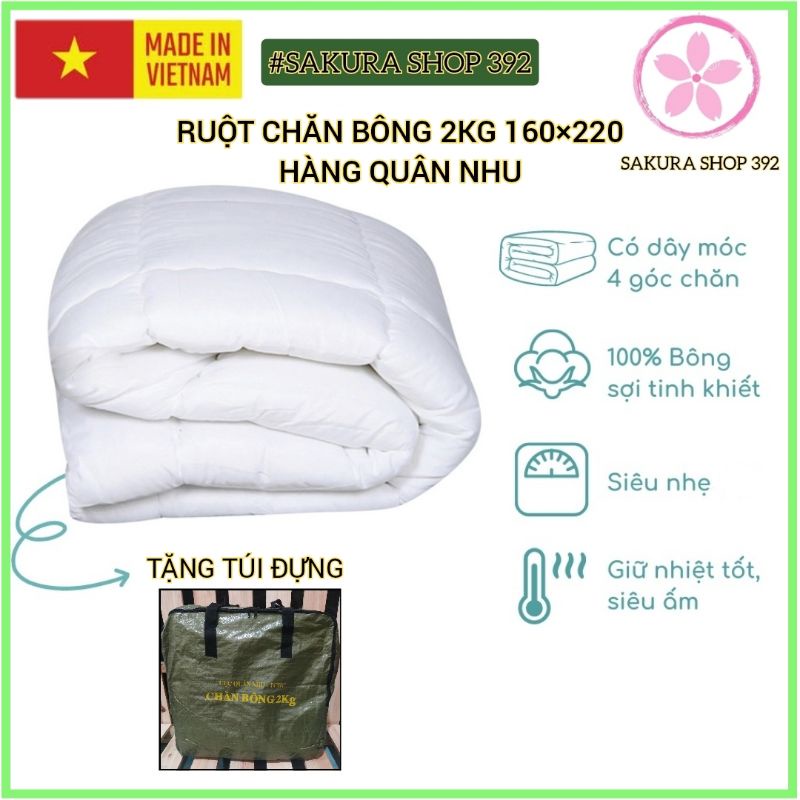 Ruột CHĂN bông 2kg tặng kèm túi đựng Quân Đội