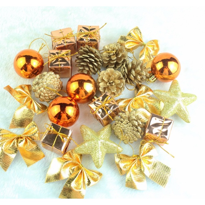 Hộp phụ kiện nhí 24 món trang trí cây thông PK01 vàng đồng nơ