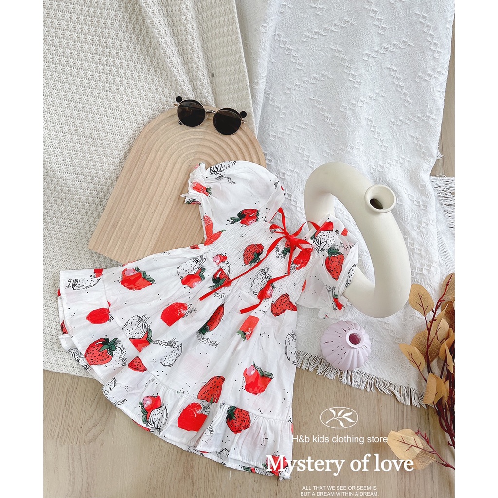 Váy dâu tây cho bé gái từ 8-18kg Kidbabyonline K112- Váy bé gái vải thô siêu mát