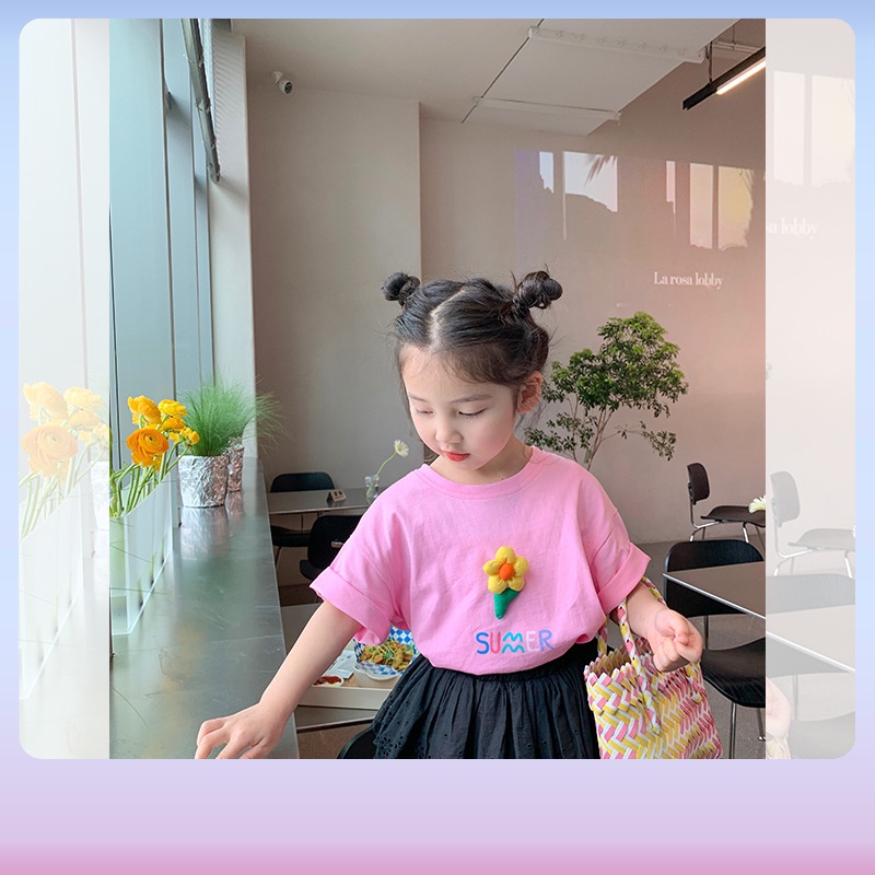 Áo Thun Cotton Tay Ngắn Họa Tiết Hoa 3D Đáng Yêu Thời Trang 2022 Dành Cho Bé Gái