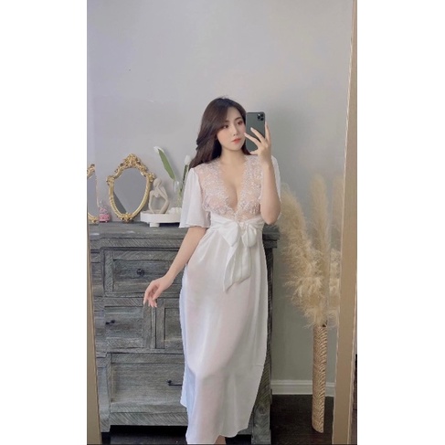 HÀNG THIẾT KẾ - Váy ngủ lụa viền ren buộc nơ eo sang trọng
