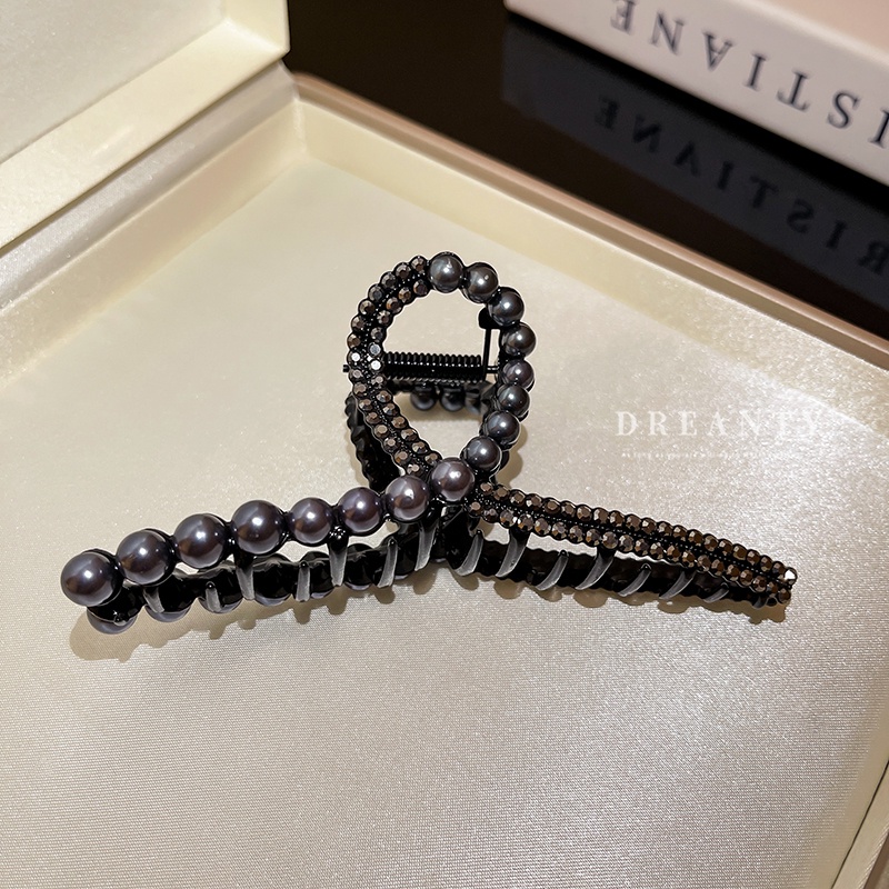 Kẹp Tóc Cá Mập Đính Đá Ngọc Trai Màu Đen Phong Cách Cổ Điển