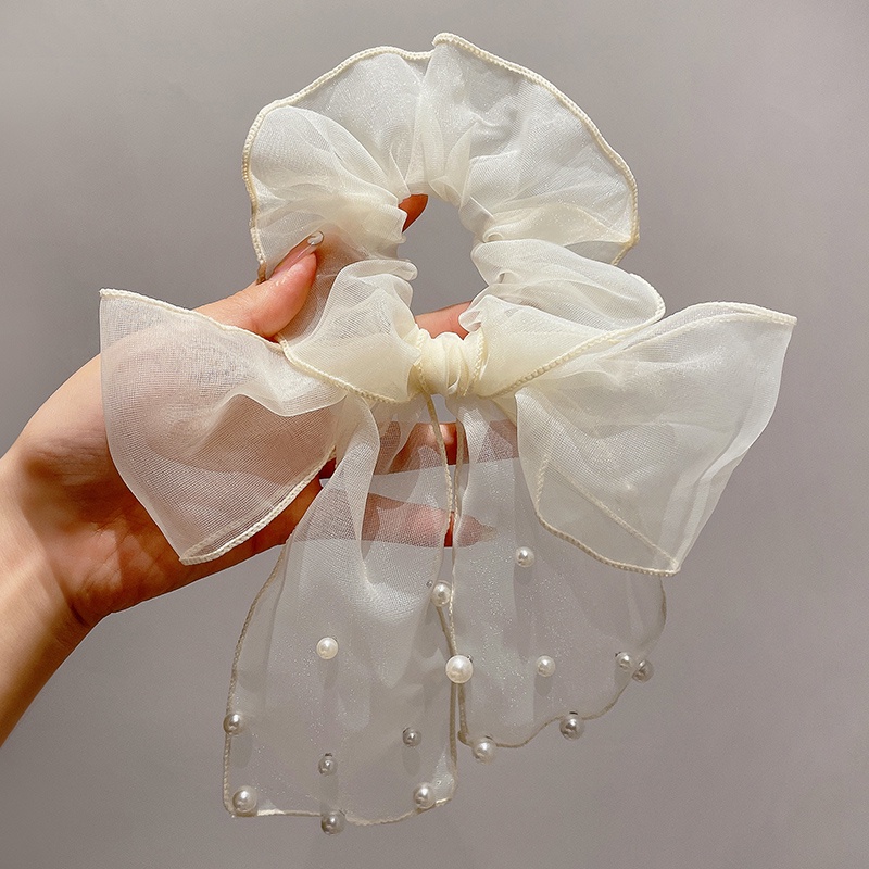 Dây Buộc Tóc Thắt Nơ Vải Lưới Họa Tiết Chấm Bi Đính Ngọc Trai Thời Trang Mùa Hè