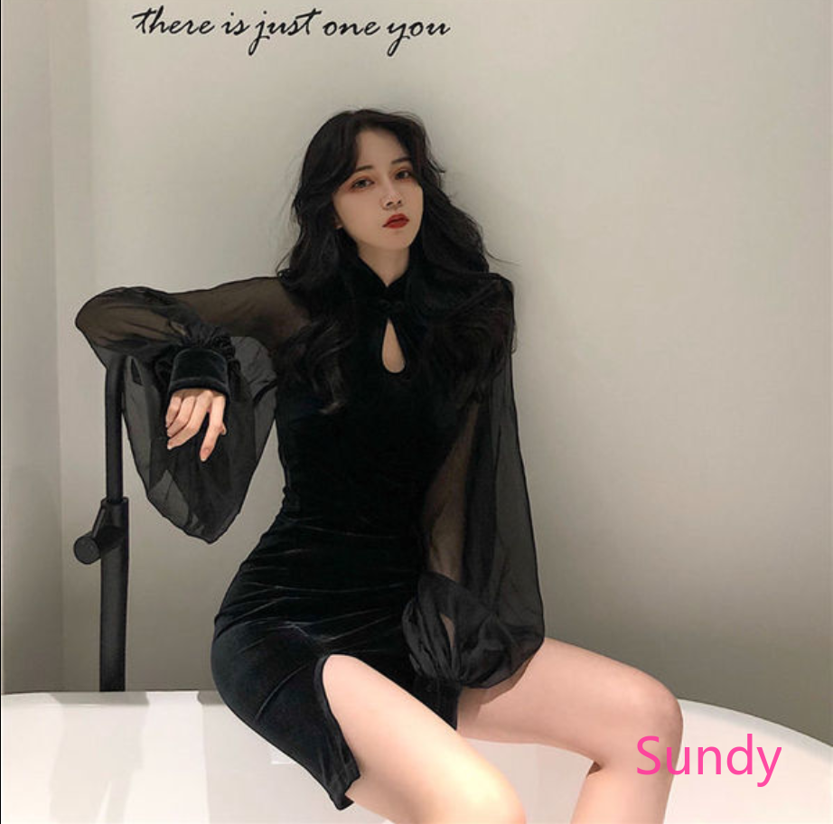 Đầm nhung sườn xám tay dài thời trang cho nữ