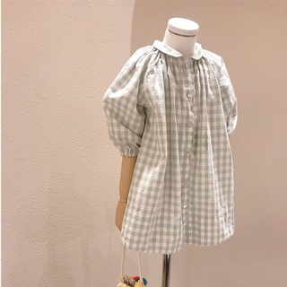 Đầm sơ mi cotton cổ bẻ kẻ sọc caro phong cách Hàn Quốc mới cho bé gái 2021