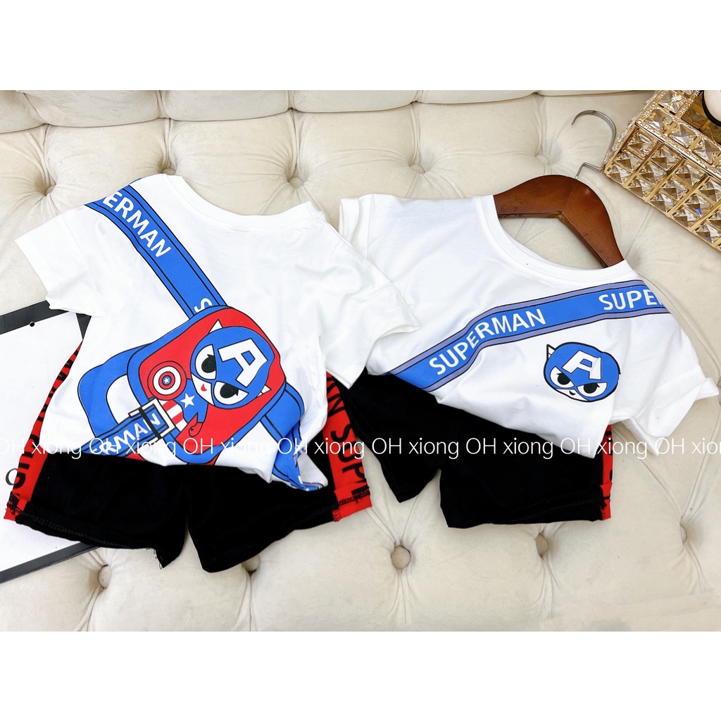 Bộ bé trai chất cotton áo đeo họa tiết siêu nhân cho bé