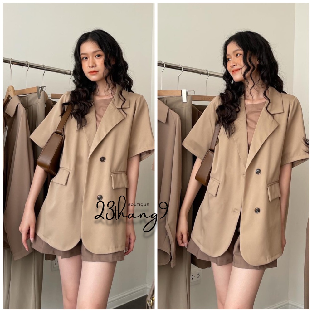 Áo blazer nữ tay ngắn , Áo khoác blazer nữ 2 lớp tay cộc vest màu be màu trắng màu nâu vải tuyết mưa cao cấp
