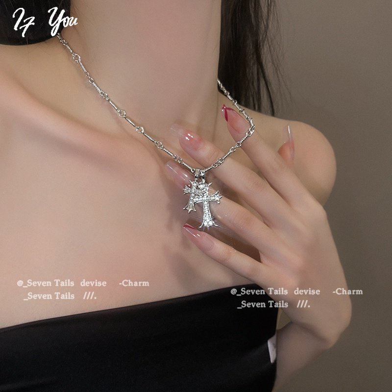 Dây chuyền AY mạ bạc Y2K mặt thánh giá đính đá pha lê nhân tạo thời trang dành cho nữ
