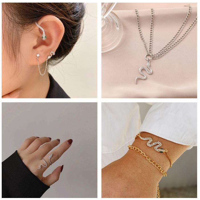 Dây Chuyền/ Khuyên Tai/Kẹp Tóc Mặt Hình Con Rắn Hai Tầng Cá Tính Thời Trang Dành Cho Nữ