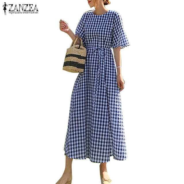Đầm Maxi ZANZEA Tay Ngắn Dáng Rộng Hoạ Tiết Caro Phong Cách Thanh Lịch Thời Trang | BigBuy360 - bigbuy360.vn