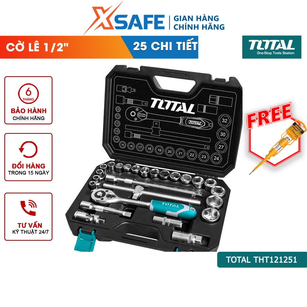 Bộ đồ nghề 27 chi tiết TOTAL THT121251 1/2&quot;, bộ dụng cụ cần siết 2 chiều kèm Socket chất liệu CV (50BV30) - Chính hãng