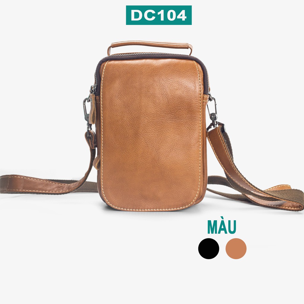 Túi đeo chéo mini nam DC104, minibag da bò thật đựng vừa ipad mini, các vật dụng cá nhân phong cách unisex, BH 12 tháng