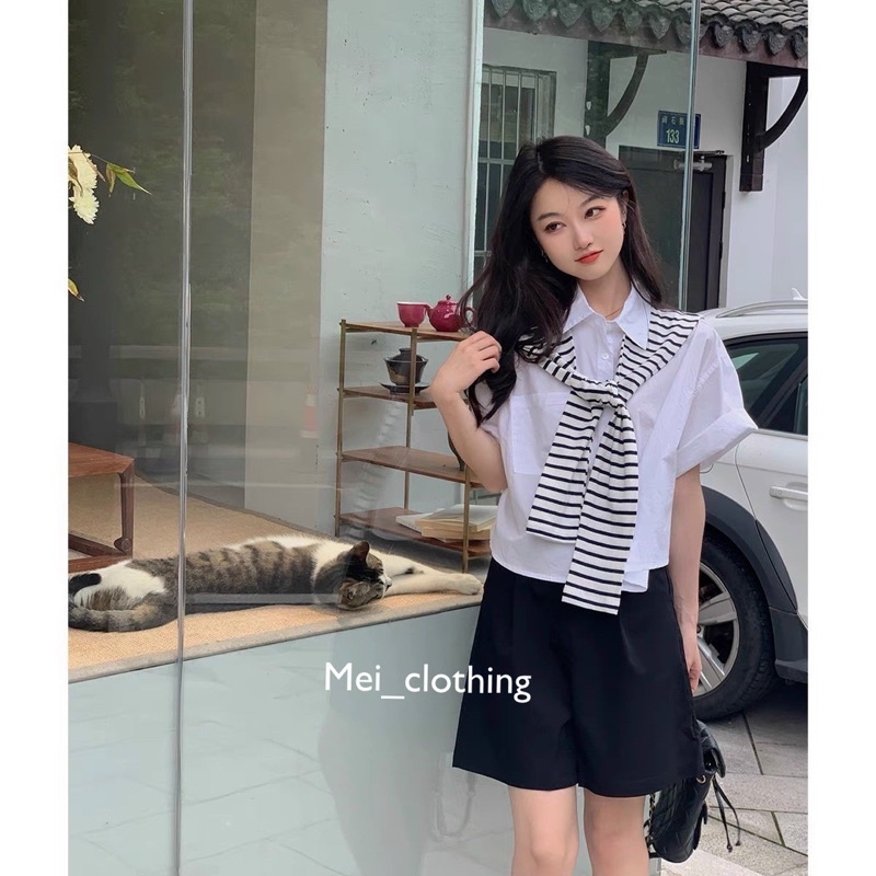 Set 3 món sơmi quần short kèm choàng cổ kẻ sọc, set đồ nữ