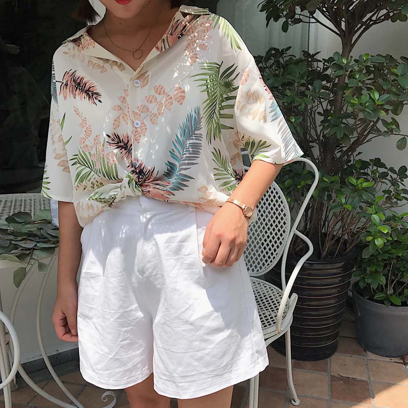 Áo sơ mi cổ tàu tay lỡ in họa tiết hoa lá nữ tính