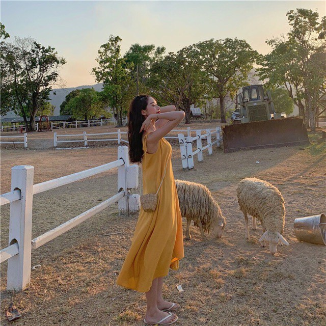 Đầm hai dây dài đi biển ulzzang / Đầm suông mát mịn cột dây siêu xinh QC