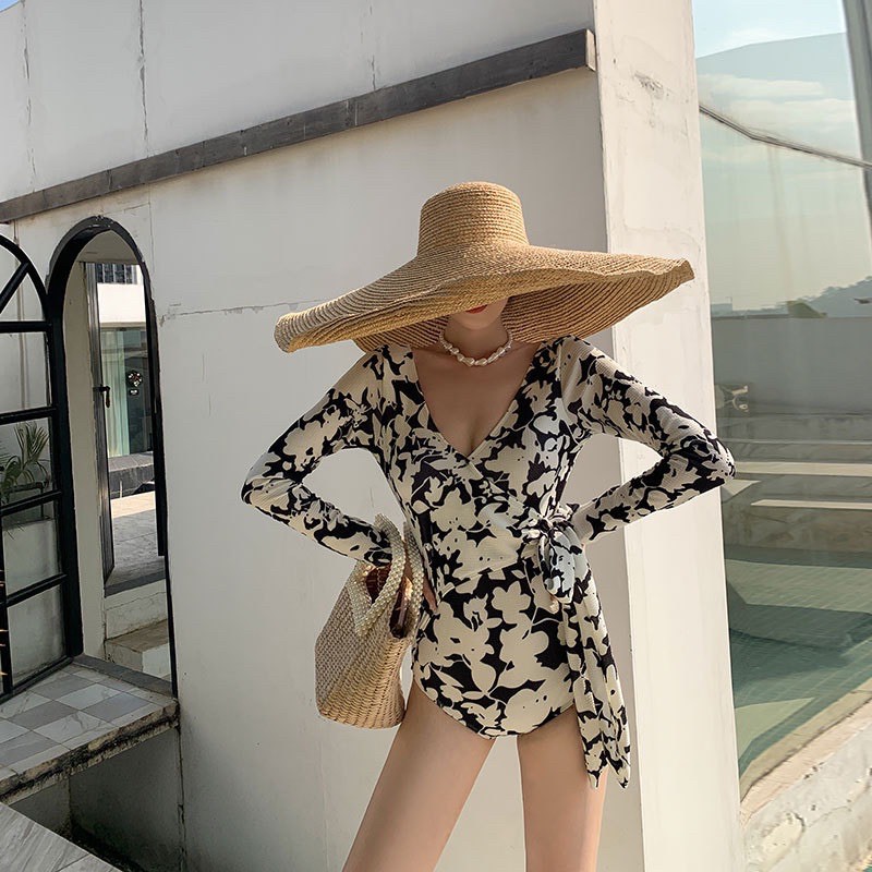 (Kèm Ảnh Thật) Bộ bơi nữ , bikini 1 mảnh liền thân hoạ tiết hoa trắng
