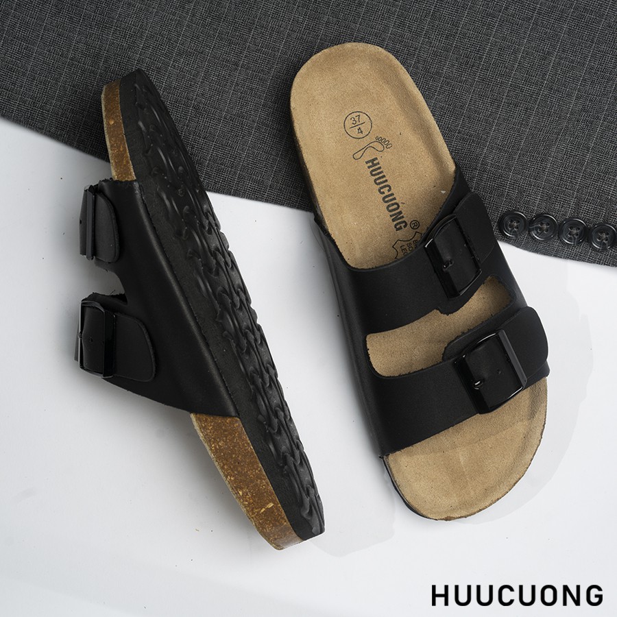 Dép unisex HuuCuong 2 khóa da bò đen đế trấu