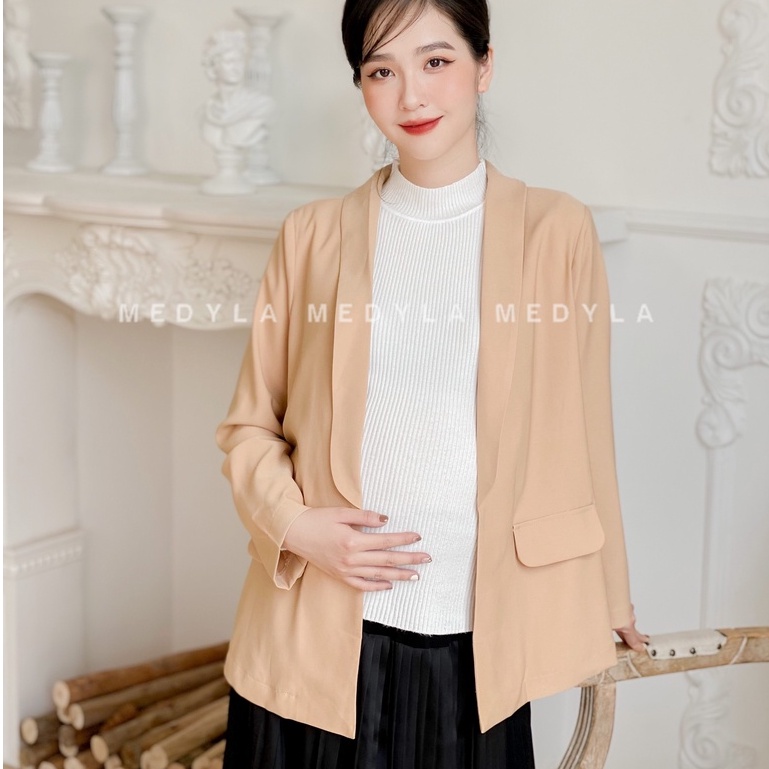 MEDYLA - Áo khoác bầu blazer nâu phối cổ tay trắng 2 lớp tuyết mưa sang chảnh - ADK012