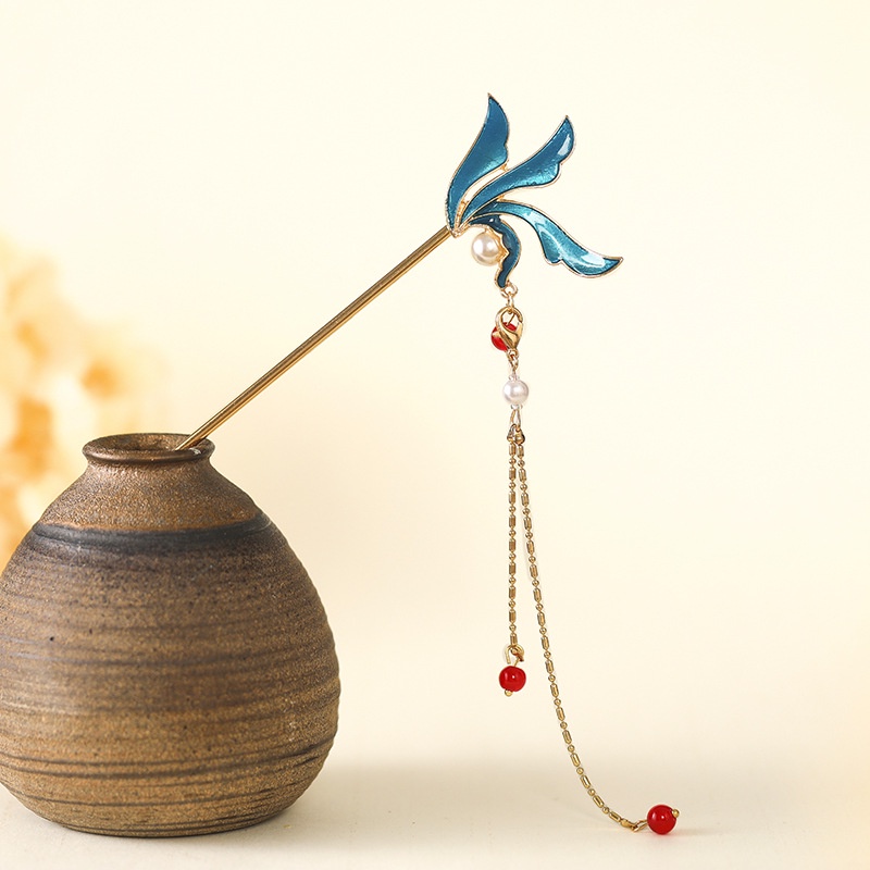 Trâm Cài Tóc Dáng Dài Hình Lá Phối Tua Rua Phong Cách Hán Phục Cổ Điển