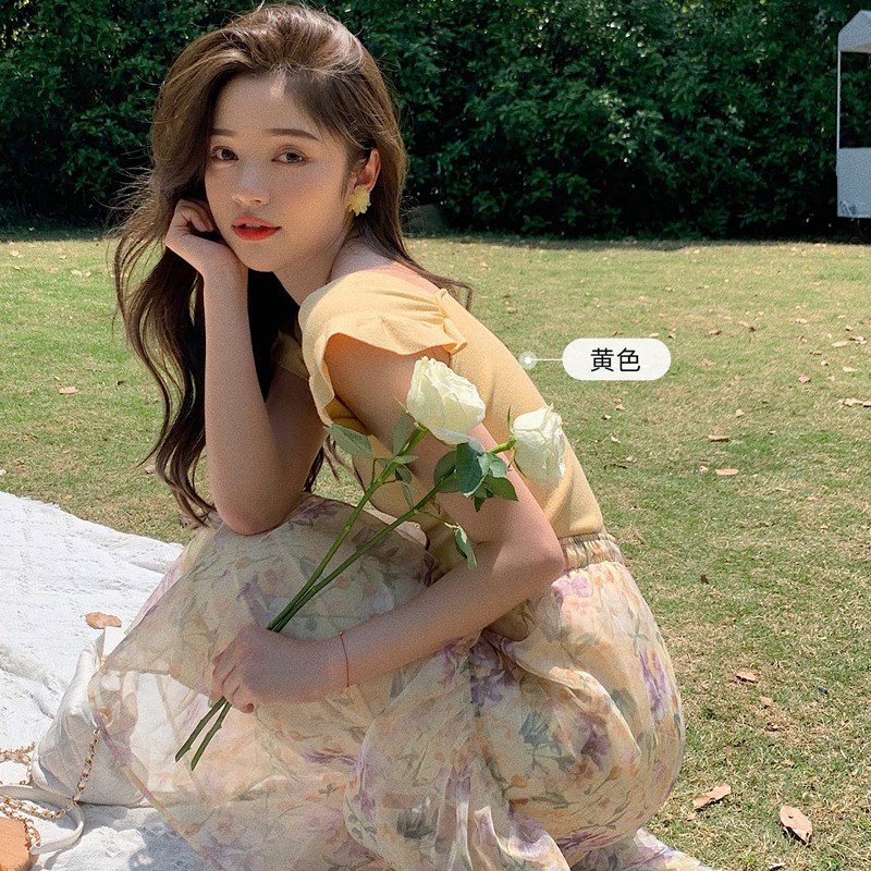 Xiaozhainv Áo dệt kim nữ tay bèo cổ vuông thiết kế một hàng nút trước