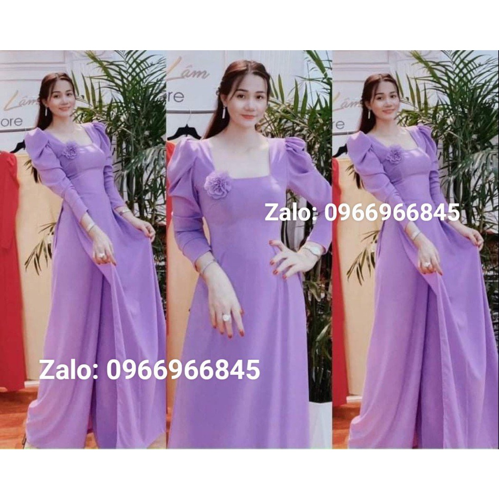 Áo dài màu hồng đà lạt cổ vuông có đính hoa xinh trên ngực - Áo Dài Đan Linh
