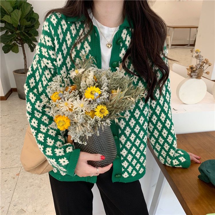 Áo Khoác Cardigan Dệt Kim Tay Dài Dáng Rộng Đính Đá Phong Cách Retro Hàn Quốc