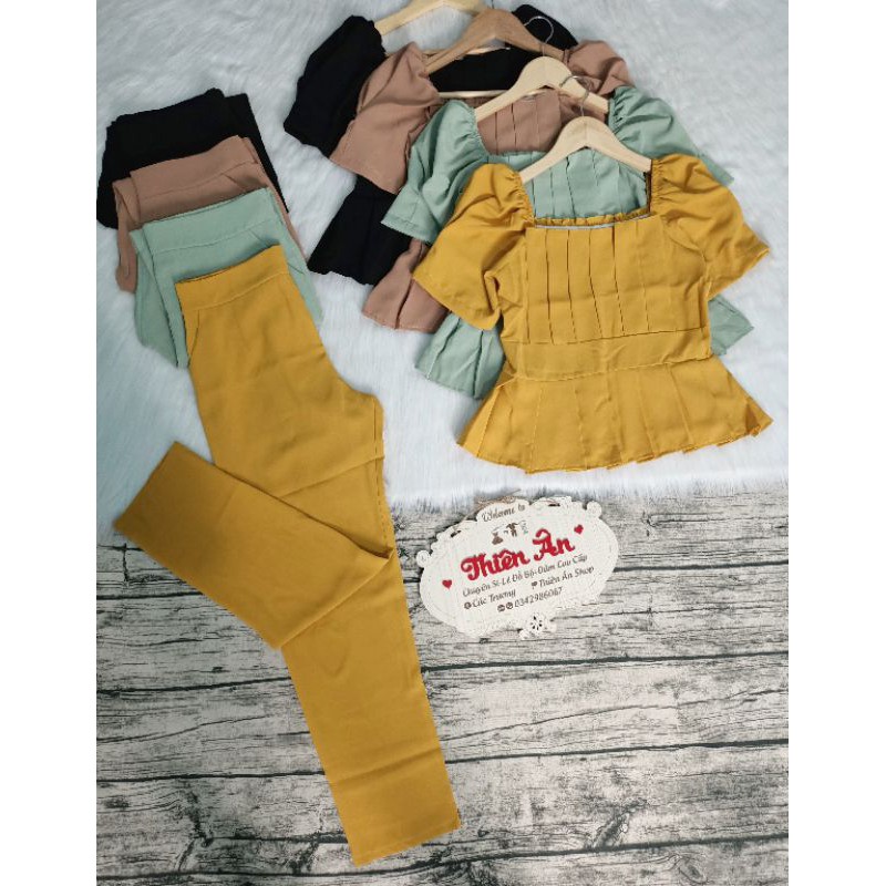 Set bộ trơn xếp li áo cổ vuông tay phồng quần ống suông bigsize 40-72kg | BigBuy360 - bigbuy360.vn