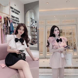 Set áo nơ tay bèo kèm chân váy xếp nhỏ