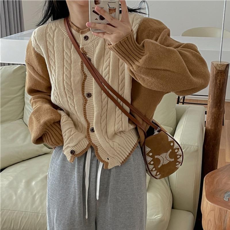 Áo Khoác Cardigan Dệt Kim Màu Sắc Tương Phản Phong Cách Vintage Cho Nữ