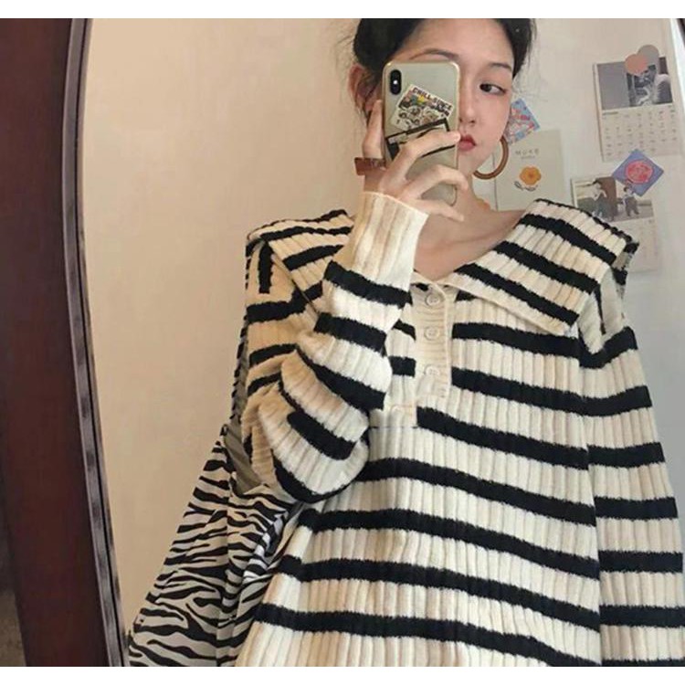 |AL20| Áo len sọc ngang cổ sen dáng oversize