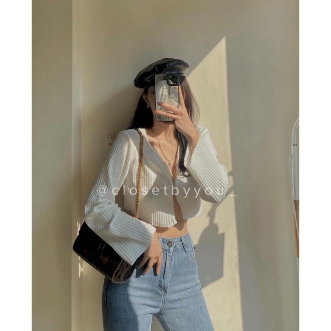 Áo croptop len, Áo Cardigan Croptop gân tăm dài tay thu đông khoá kéo 2 đầu